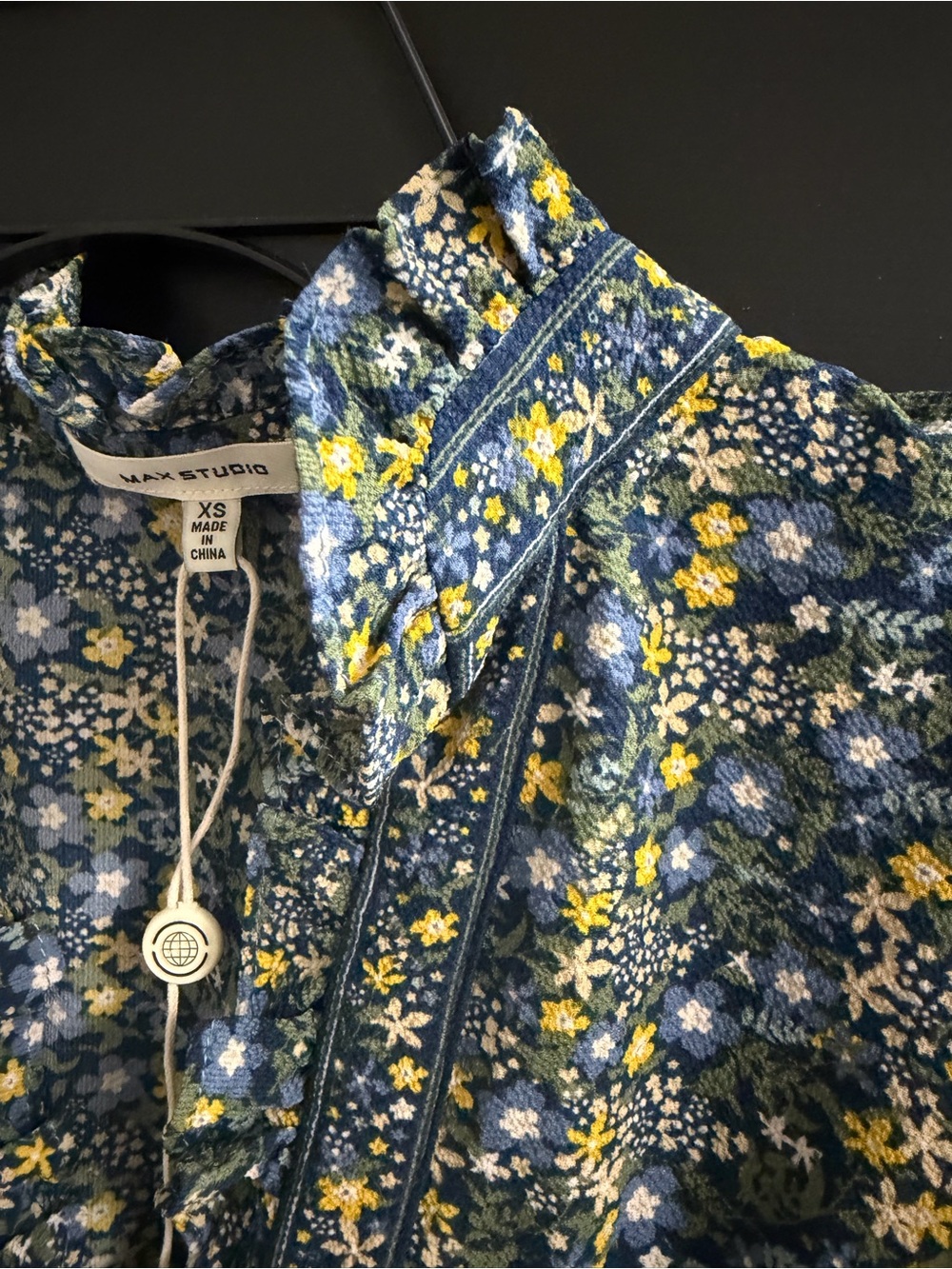 Max Studio Floral Smocked Midi Maxi Dress XS Blue Yellow Puff Sleeve - Picture 5 of 12